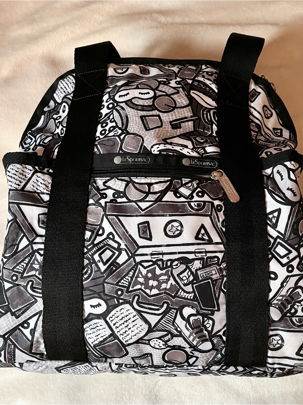 LeSportsac Pack-It Up Backpack Rare Retired Travel Doodle Print Black White